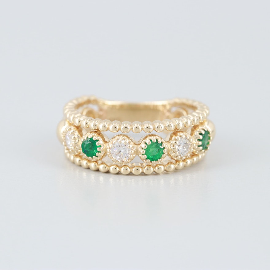 14K Yellow Gold Diamond and Emerald Tapered Band