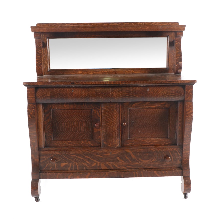 American Empire Style Tiger Oak Buffet with Mirror, Late 19th Century