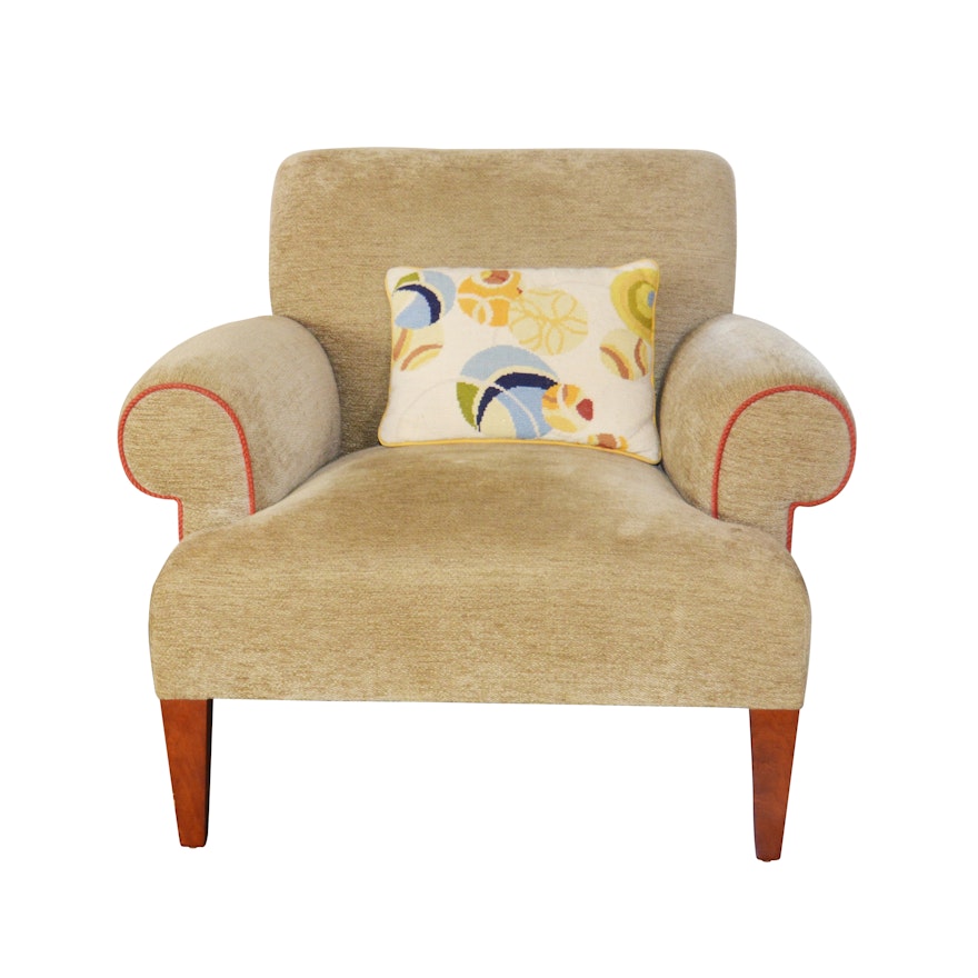 Upholstered Lounge Chair by Donghia and Needlepoint Pillow, 21st Century