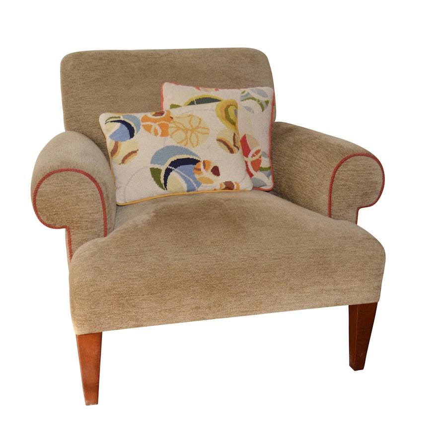 Upholstered Lounge Chair by Donghia and Two Needlepoint Pillows, 21st Century