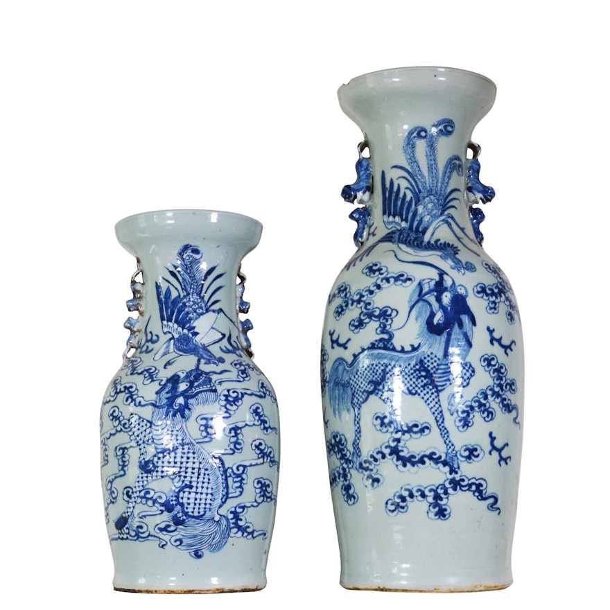 Chinese Blue and White Porcelain Vases with Qilin Motif, Qing Dynasty