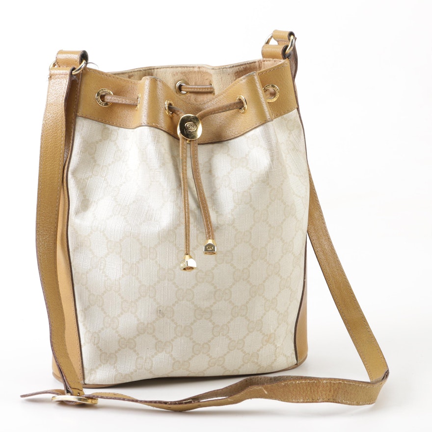 Gucci Accessory Collection Monogram Coated Canvas Bucket Bag with Leather Trim