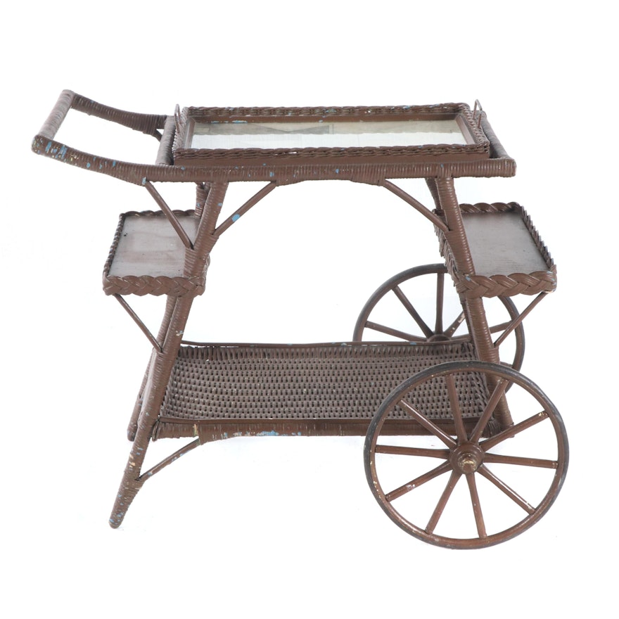 Painted Wicker Tray Top Tea Cart, Mid/Late 20th Century