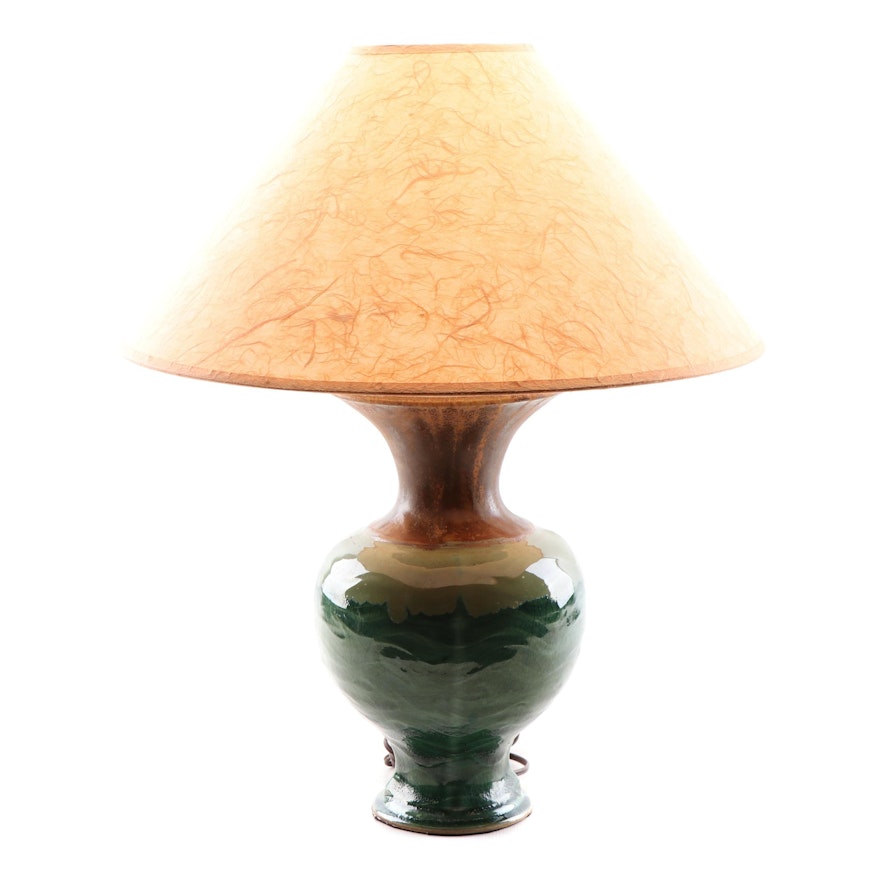 Wheel Thrown Stoneware Drip Glazed Table Lamp with Parchment Lamp Shade