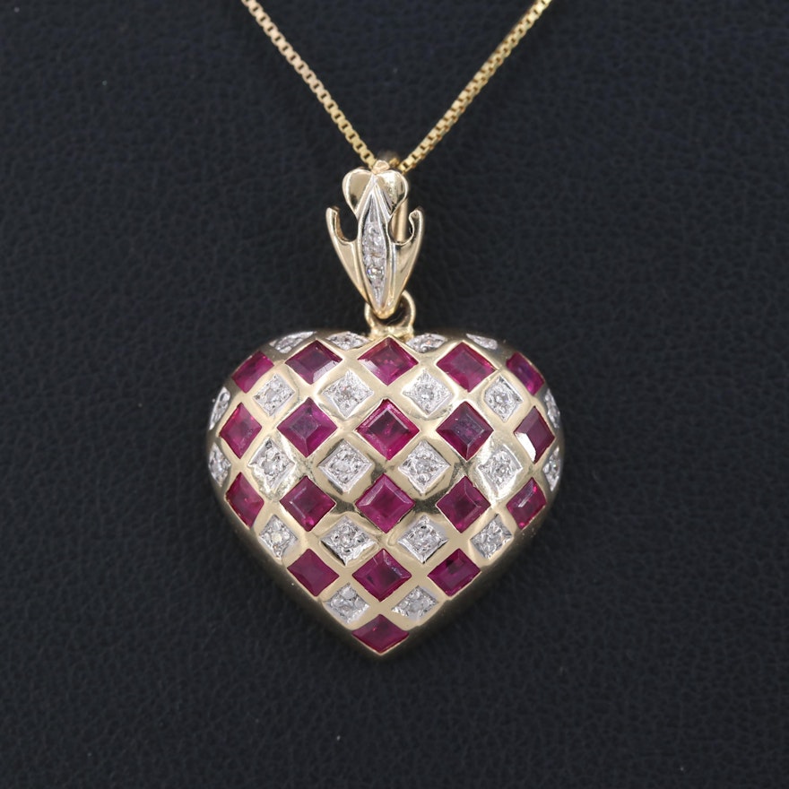 14K Yellow Gold Ruby and Diamond Heart Shaped Pendant Necklace