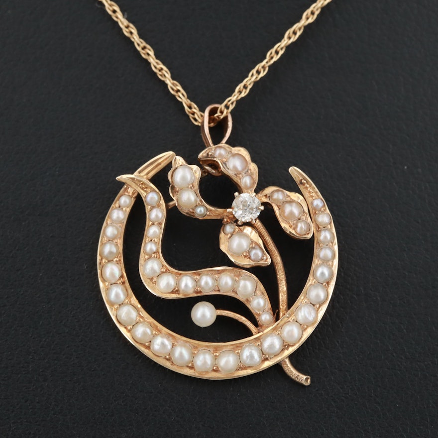 Circa 1910 14K Yellow Gold Diamond and Seed Pearl "Honeymoon" Pendant Necklace