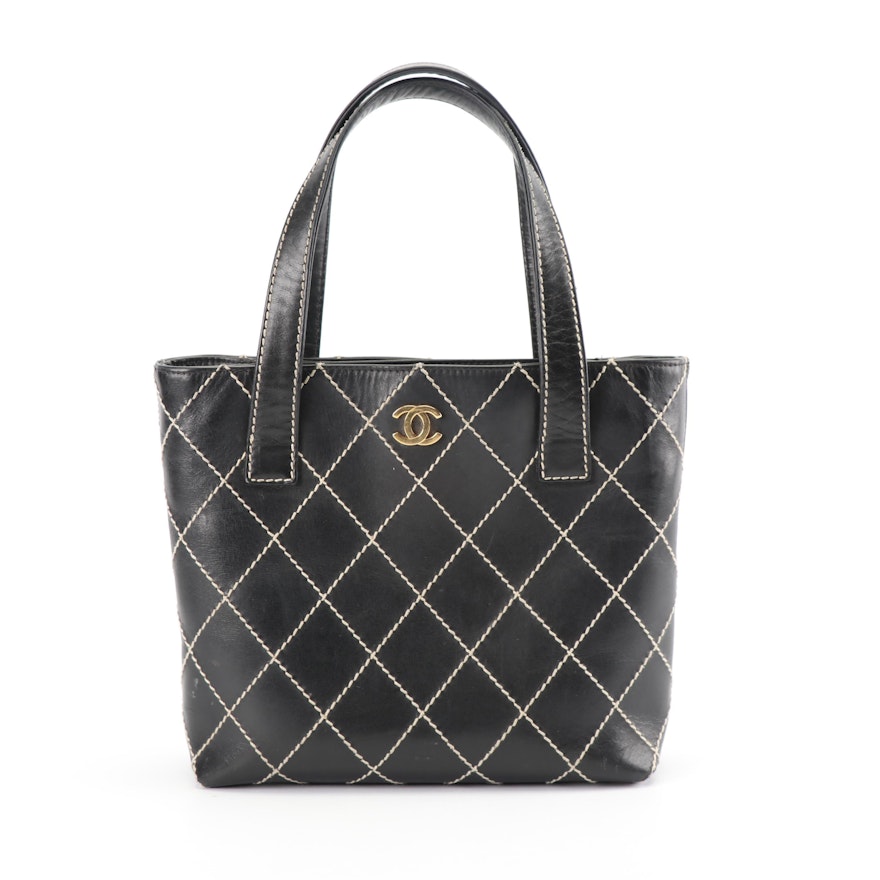 Chanel Black Calfskin Leather Tote with Diamond Contrast Stitch, Made in Italy