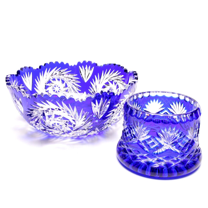 Cobalt Blue Cut to Clear Crystal Bowl and Candy Bowl