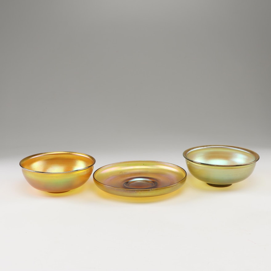 Tiffany Studios Favrile Lustre Glass Bowls and Plate, circa 1900
