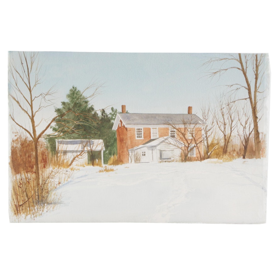 James DeVore Watercolor Painting of Winter Landscape with House