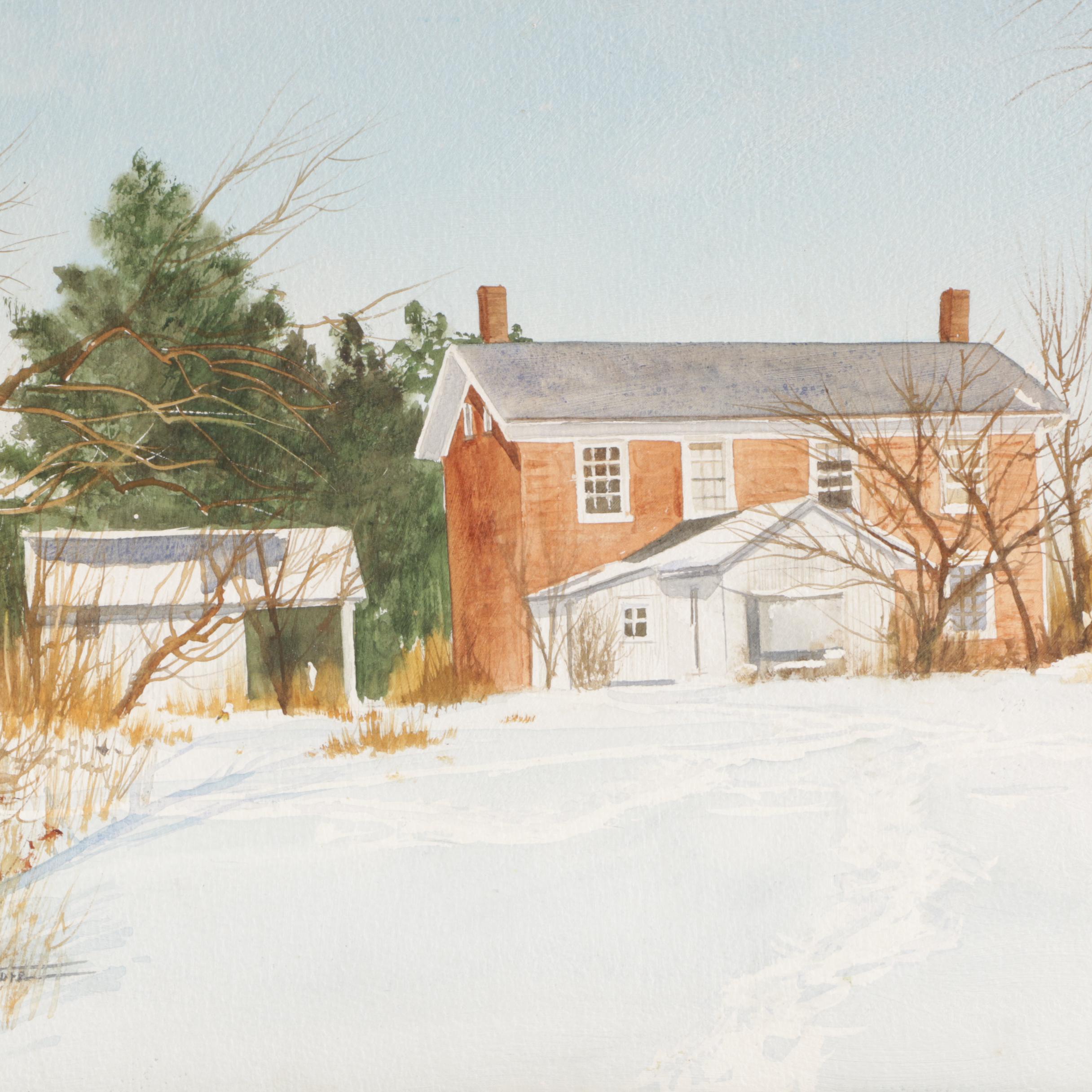 James DeVore Watercolor Painting of Winter Landscape with House