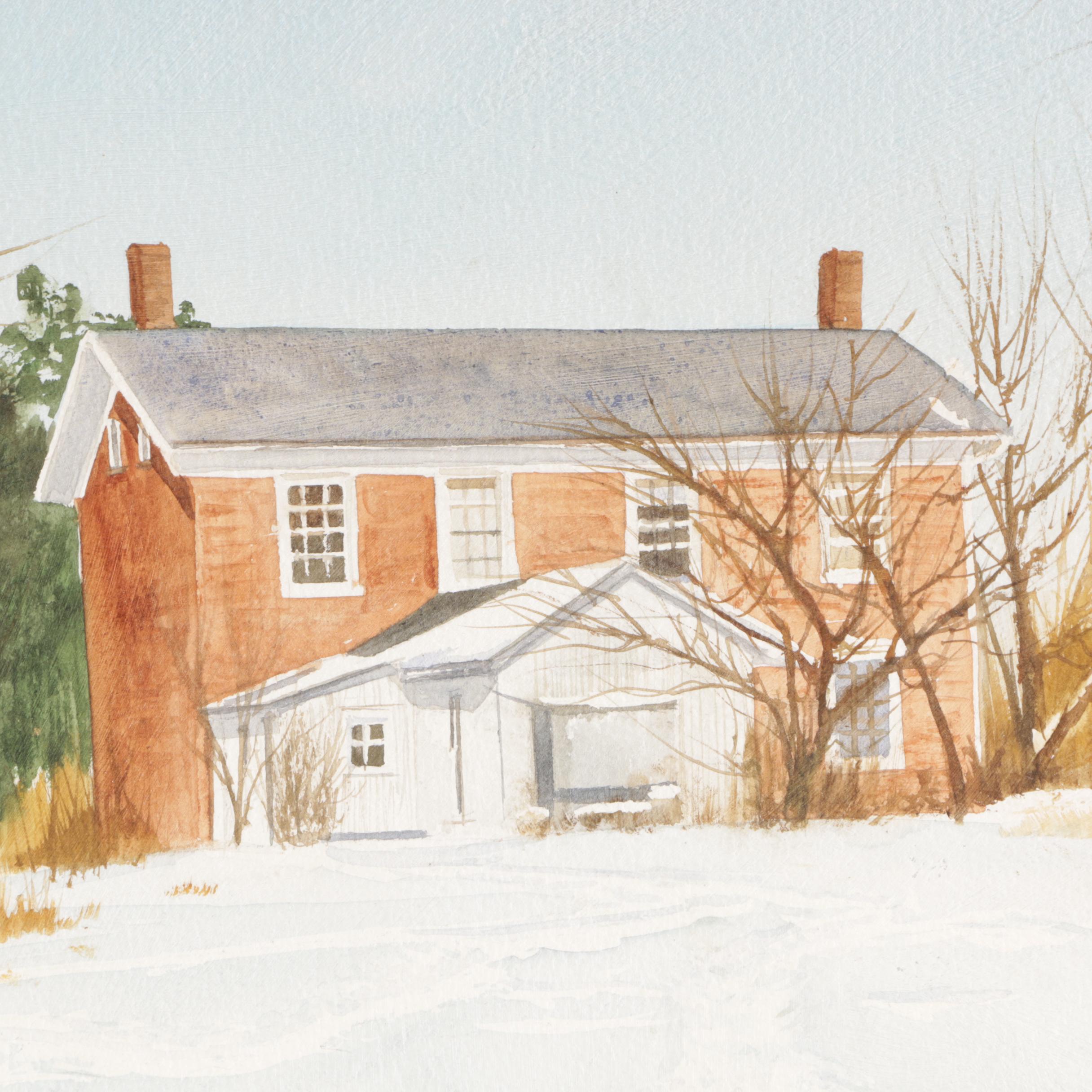 James DeVore Watercolor Painting of Winter Landscape with House