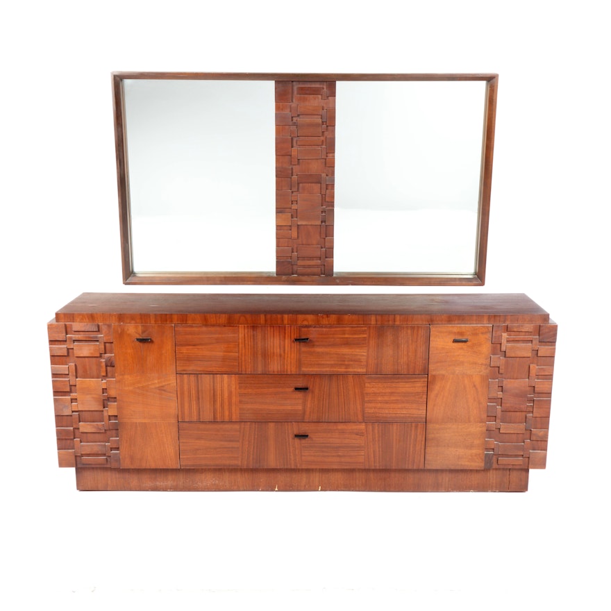 Brutalist Style Mixed Woods Low Chest of Drawers, Mid/Late 20th Century w/Mirror