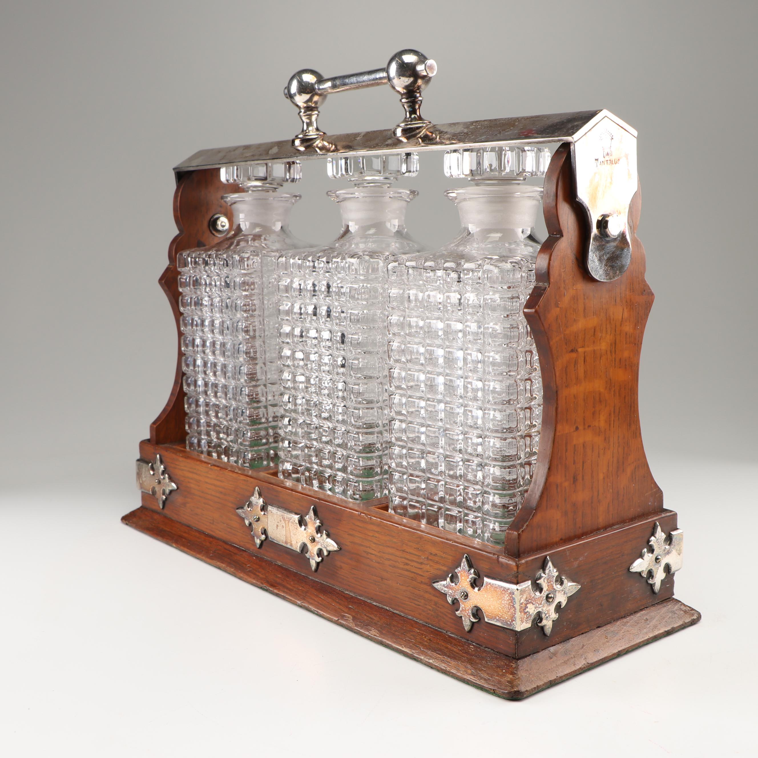 Daniel & Arter Oak and Silver Plate Tantalus, Early 20th Century