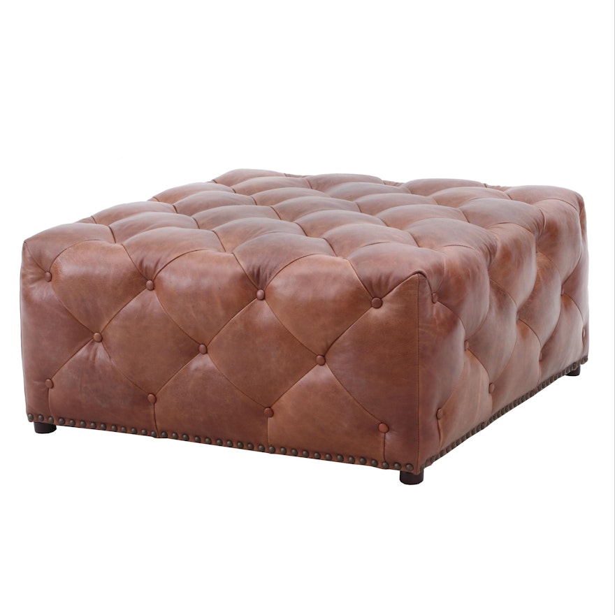 Button Tufted Leather Ottoman in Brown