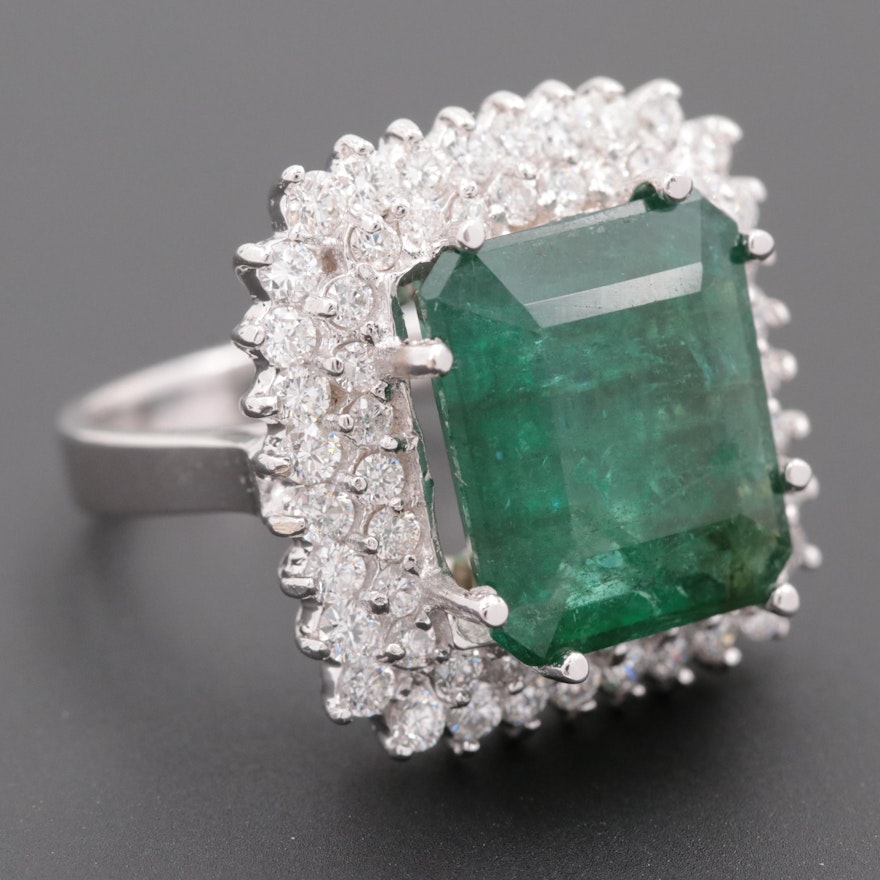 18K White Gold 6.51 CT Emerald and 1.50 CTW Diamond Double Halo Ring