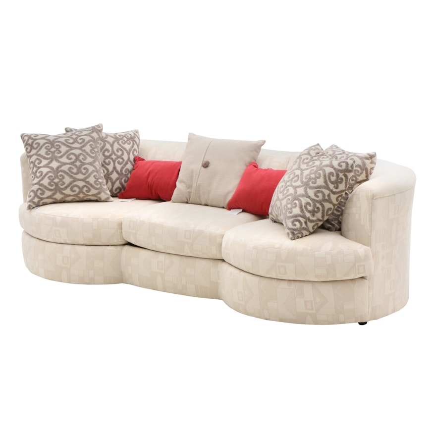 Contemporary White Curved Sofa with Seven Accent Pillows
