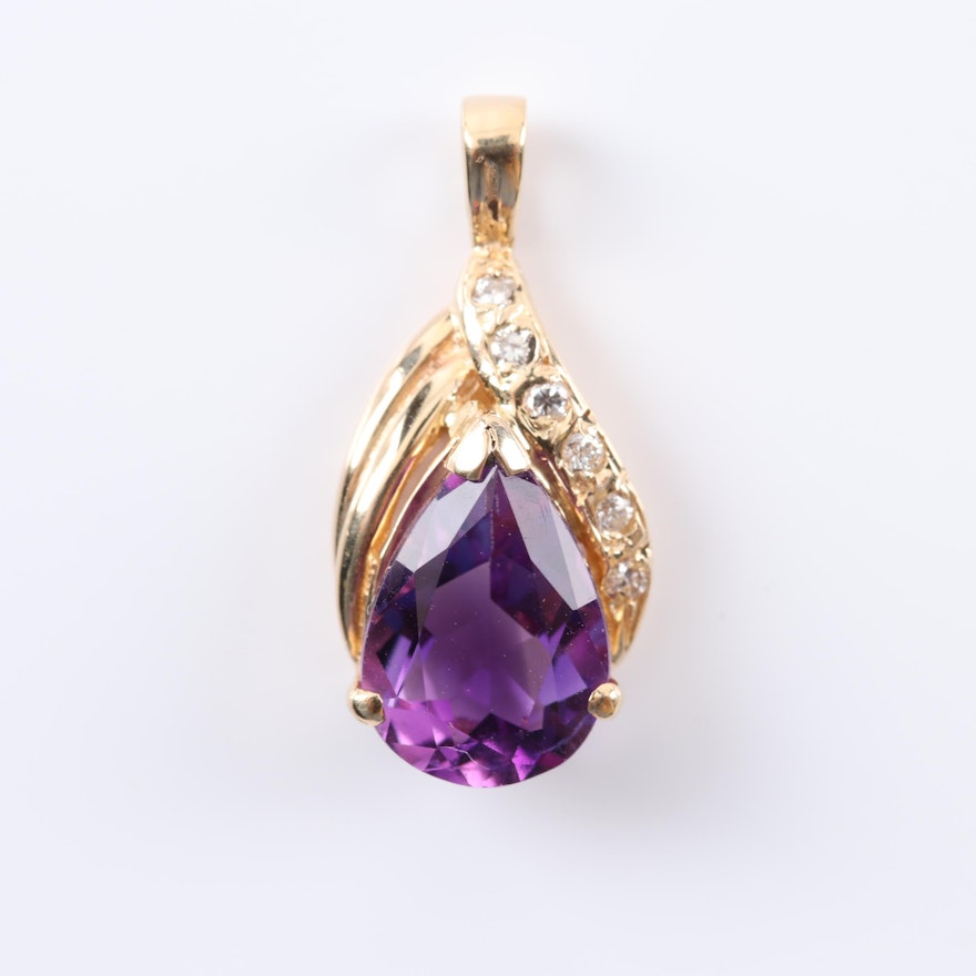 14K Yellow Gold 1.70 CT Amethyst and Diamond Pendant