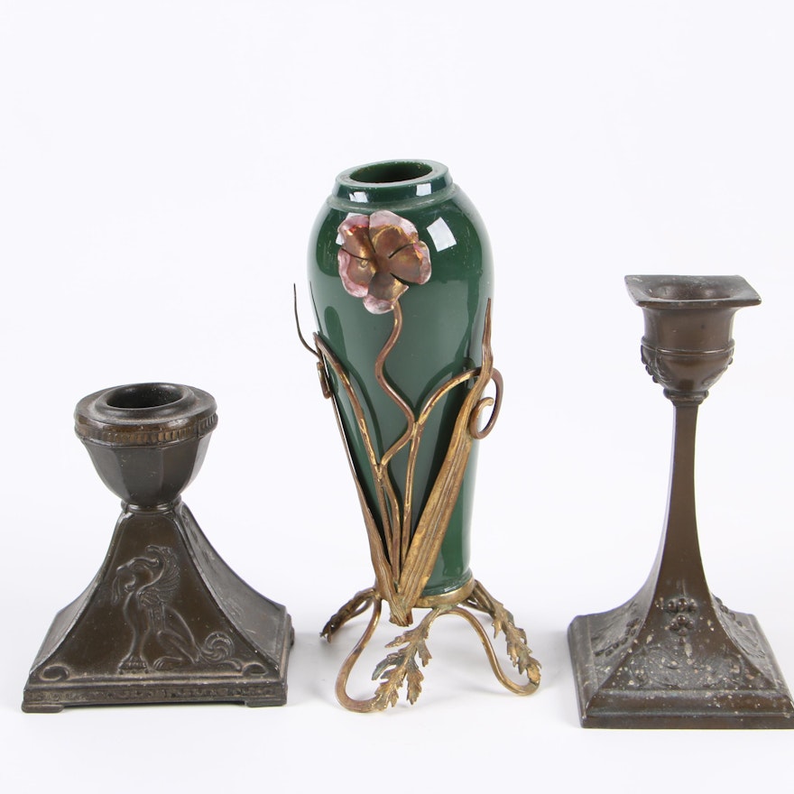 Art Nouveau Ormalu-Mounted Glass Bud Vase with Cast Metal Candlesticks