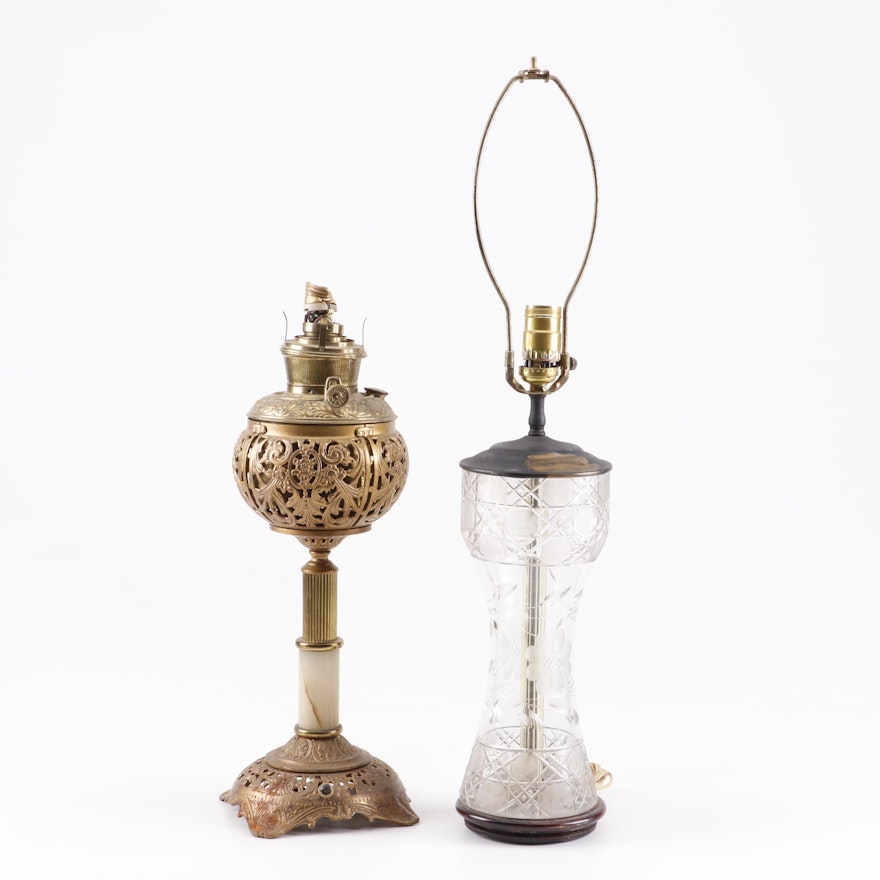 Converted Bradley and Hubbard Oil Lamp with Cut Glass Table Lamp