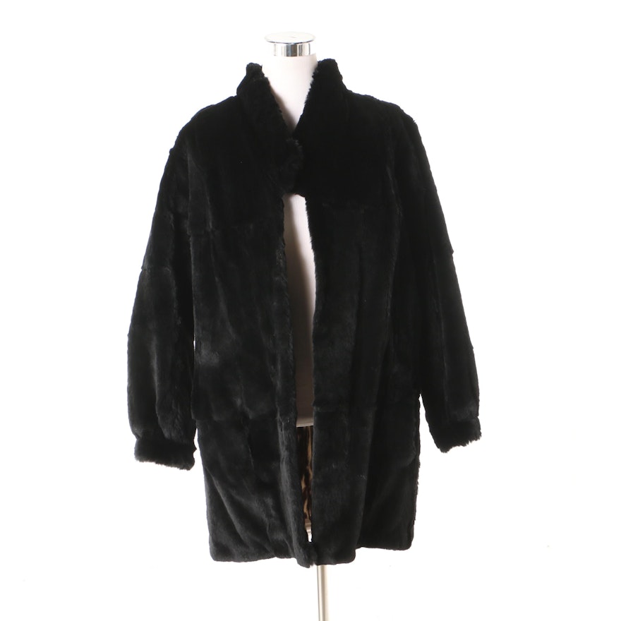 Women's Dyed Sheared Beaver Coat with Leopard Print Rabbit Fur Lining