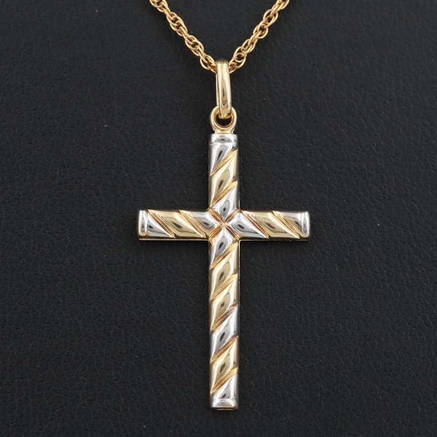 14K Yellow and White Gold Cross Pendant Necklace