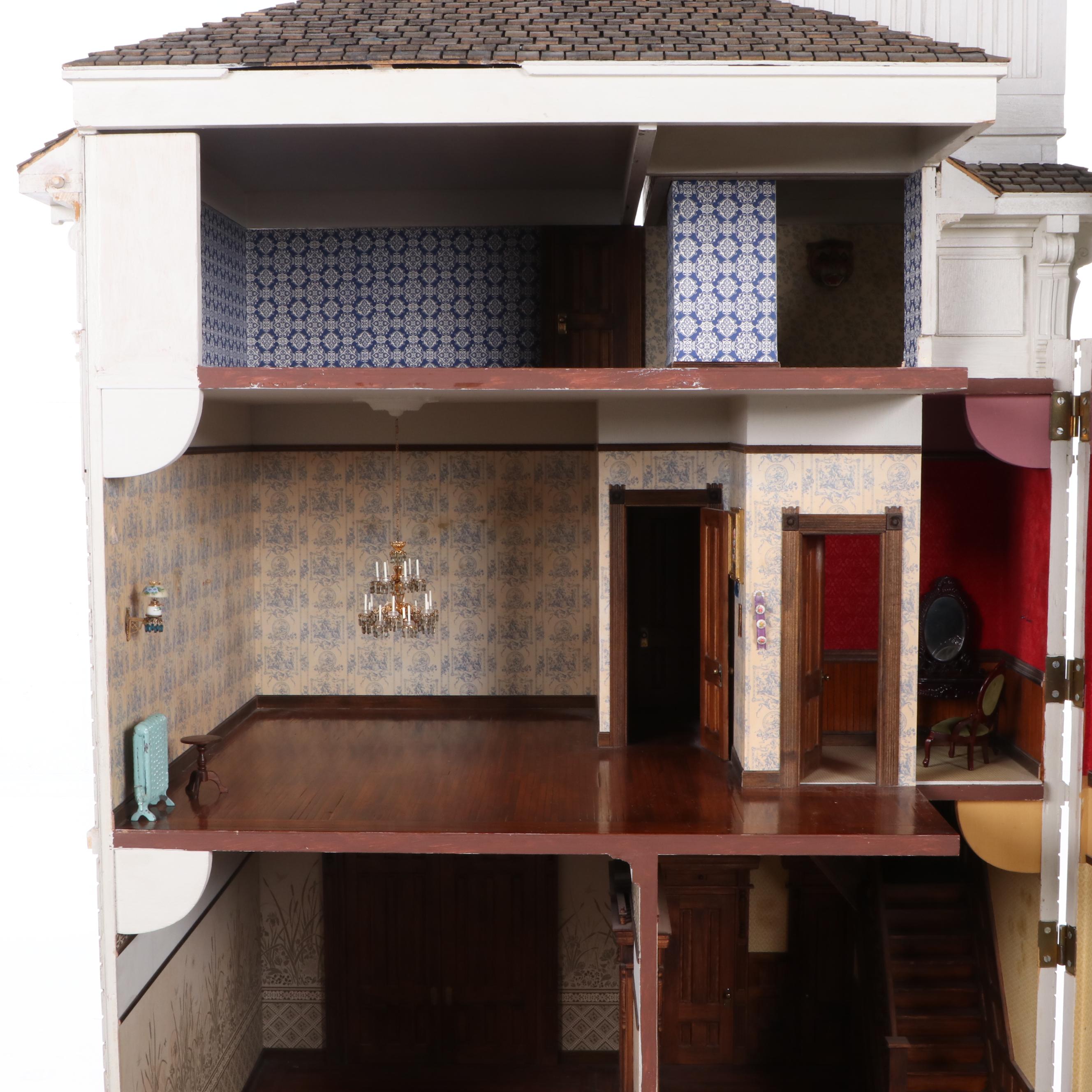 Jim Marcus Victorian Style Electrified Dollhouse with Miniatures