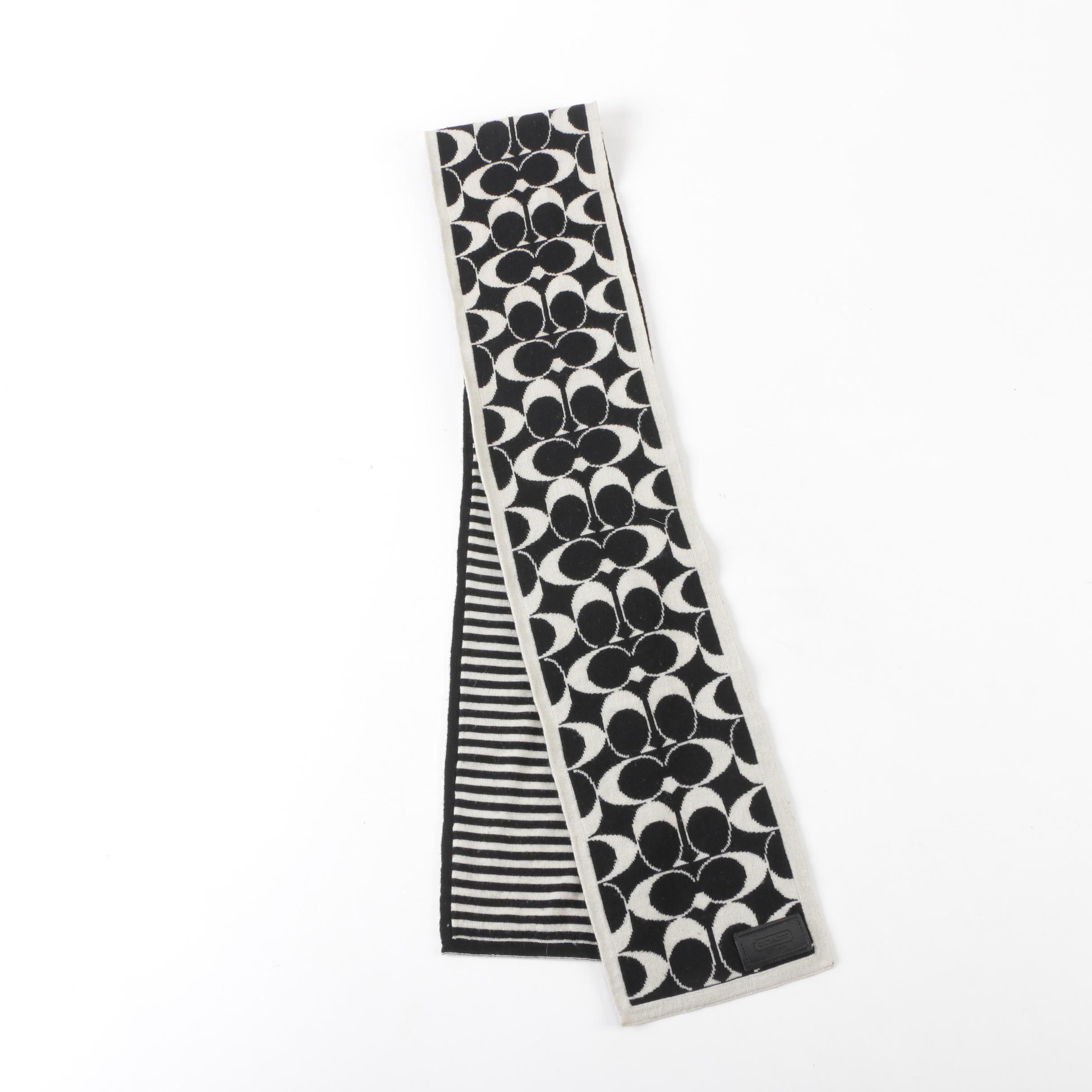 Coach CC Logo Black and White Merino Wool Scarf
