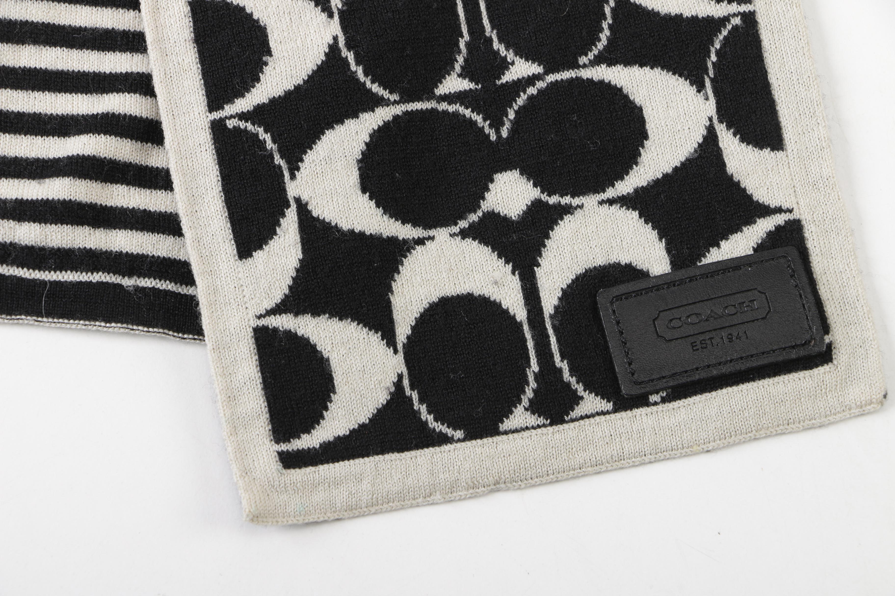 Coach CC Logo Black and White Merino Wool Scarf
