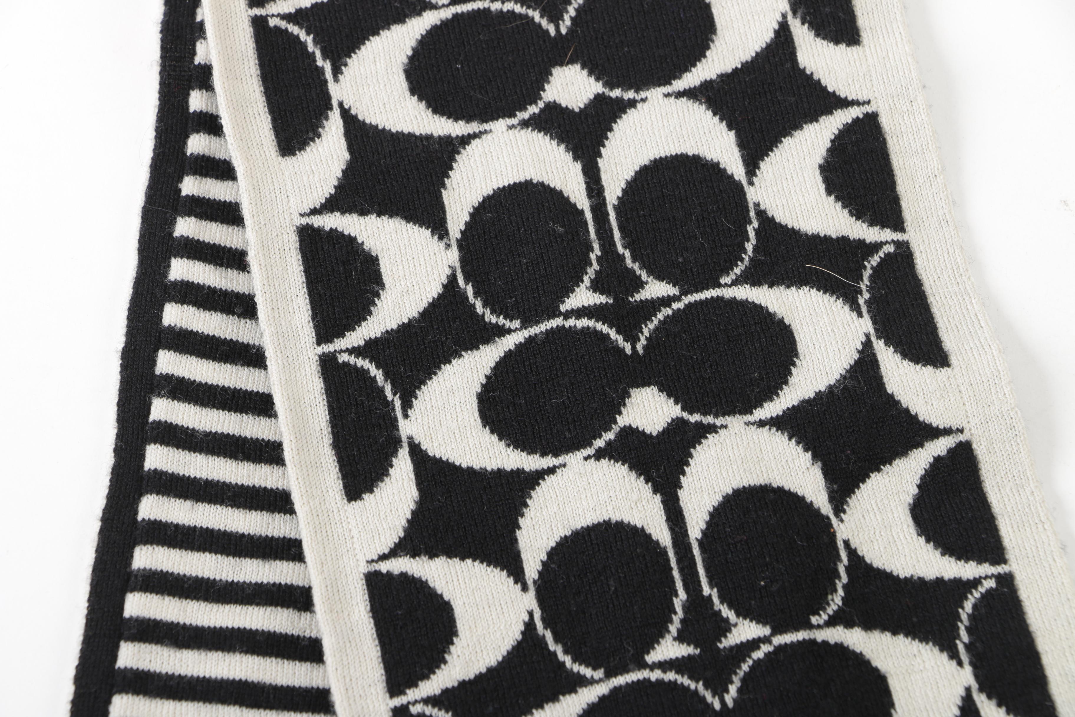 Coach CC Logo Black and White Merino Wool Scarf