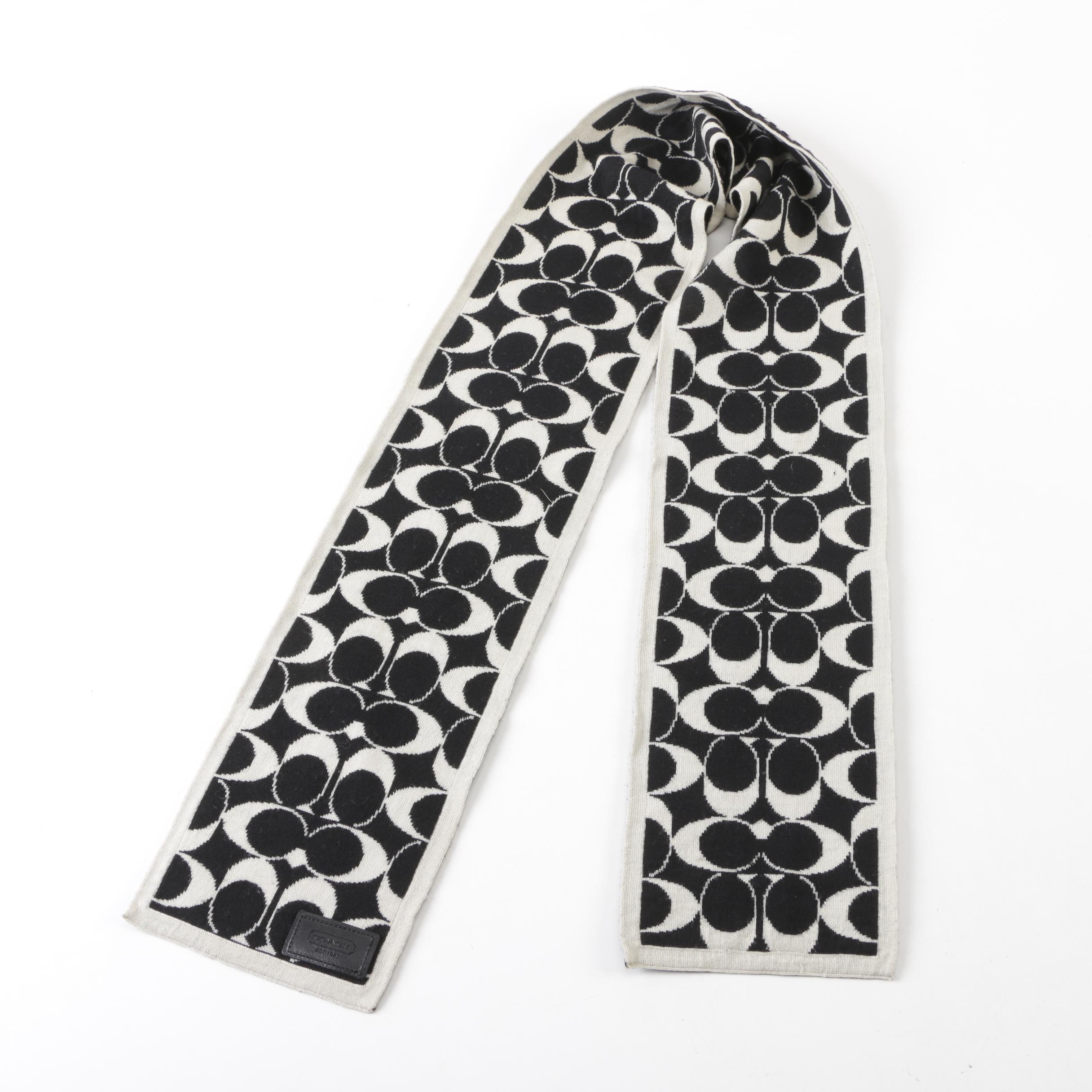 Coach CC Logo Black and White Merino Wool Scarf