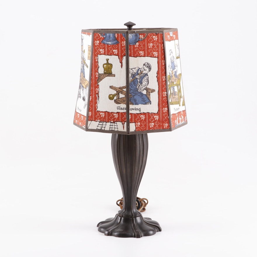 Cast Metal Table Lamp with Printed Shade Depicting 18th Century Trades
