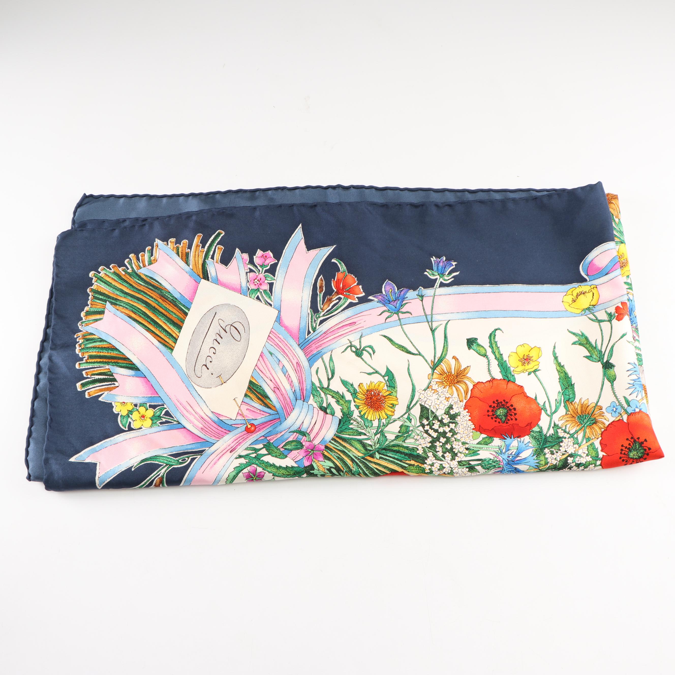 Gucci Floral Print Silk Scarf Designed by Vittorio Accornero, 1970s Vintage
