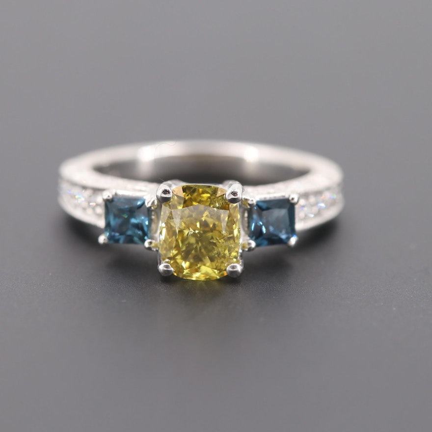 Platinum 1.28 CTW Fancy Greenish Yellow Diamond & Sapphire Ring with GIA Report