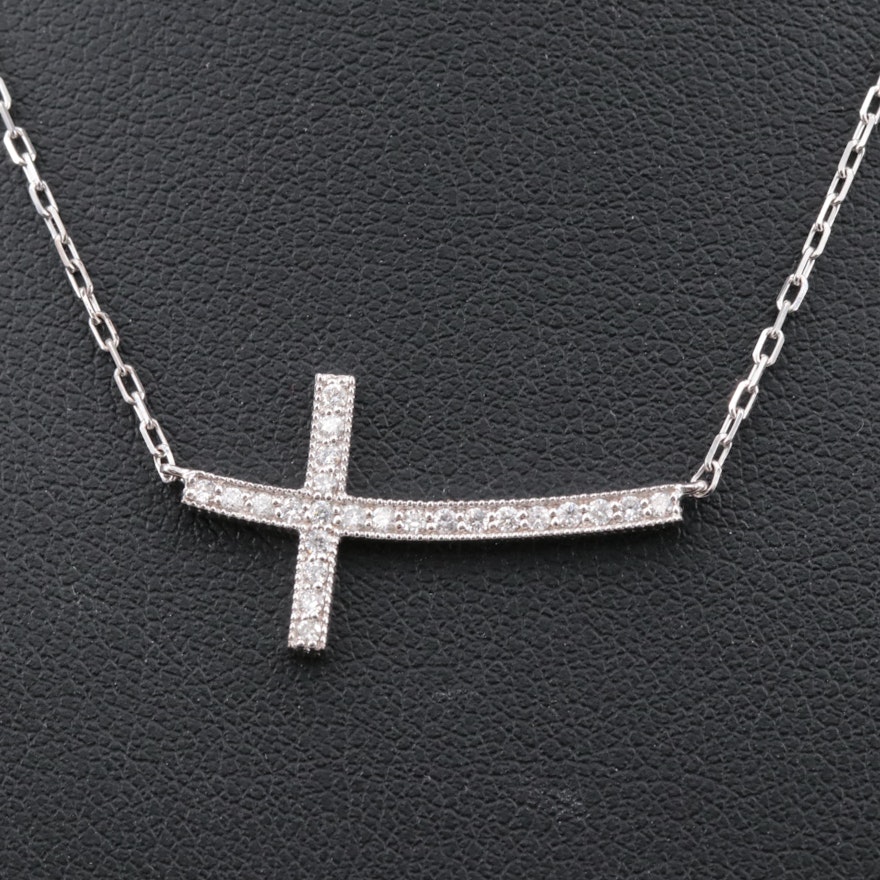 14K White Gold Diamond Sideways Cross Necklace