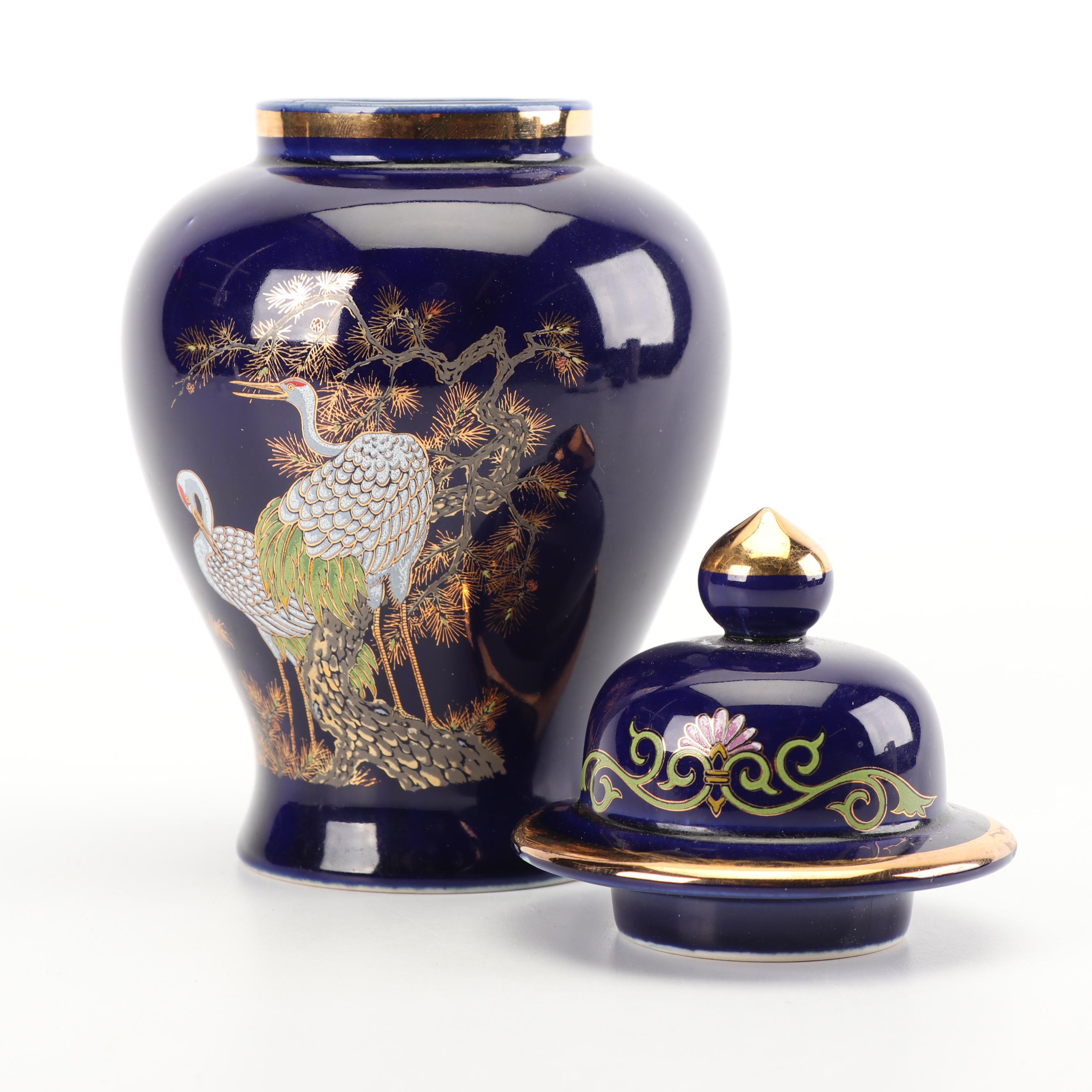 Japanese Blue Ceramic Hand-Painted Vase