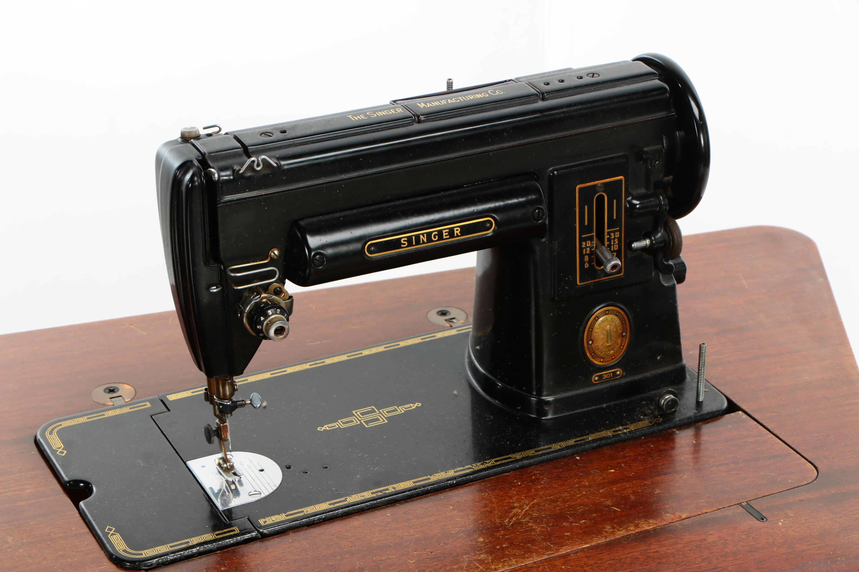 Mid Century Modern Singer Model 301 Sewing Machine Table and Stool, 1950s