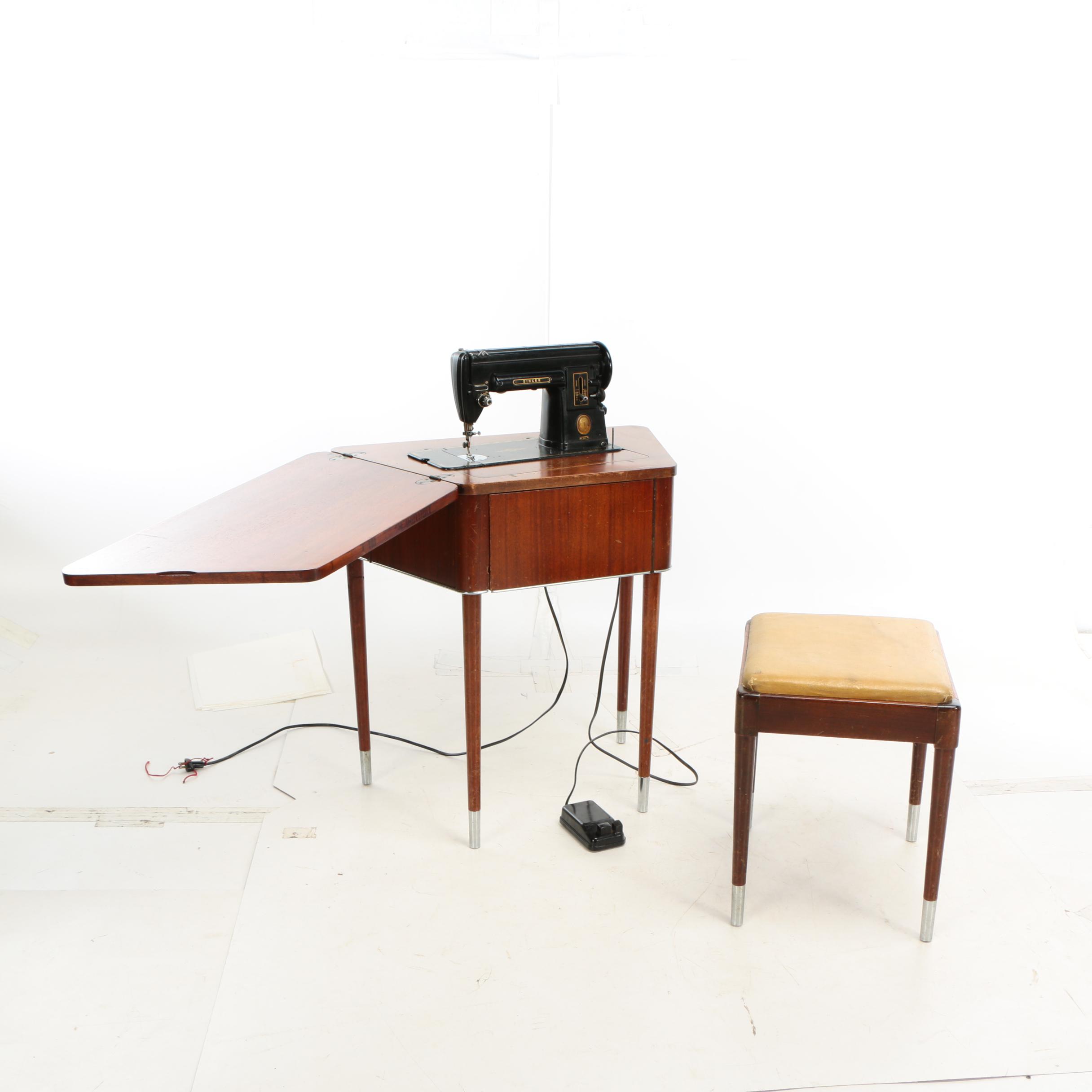 Mid Century Modern Singer Model 301 Sewing Machine Table and Stool, 1950s