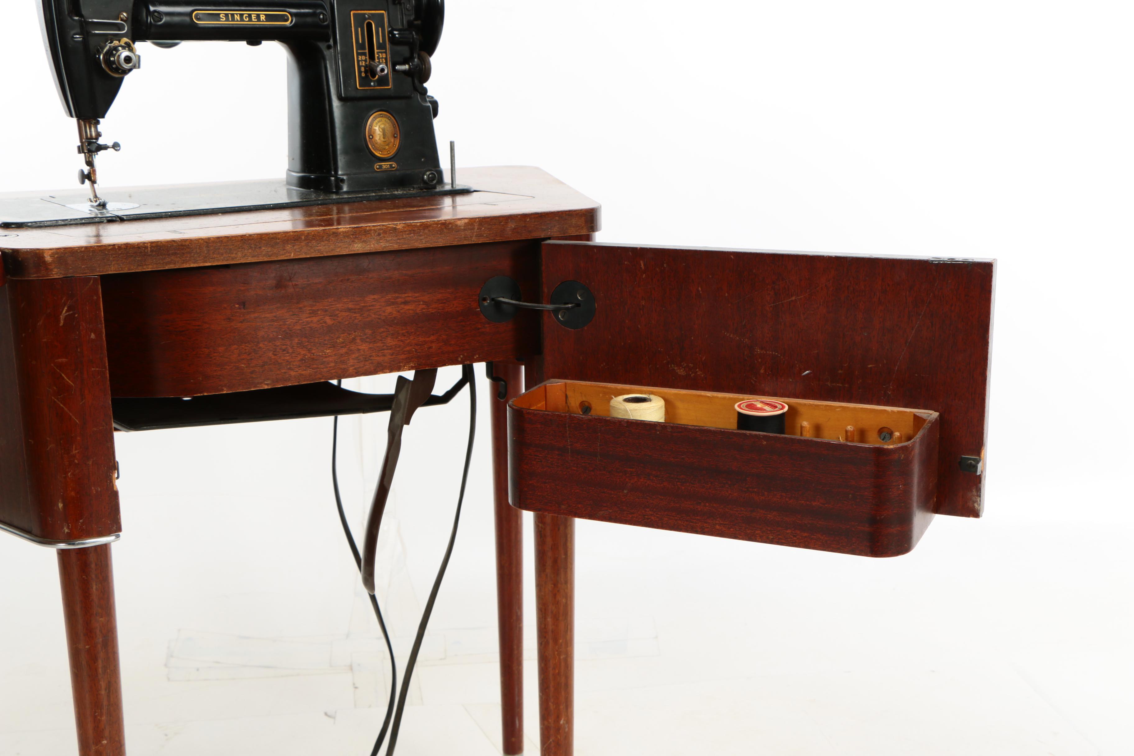 Mid Century Modern Singer Model 301 Sewing Machine Table and Stool, 1950s