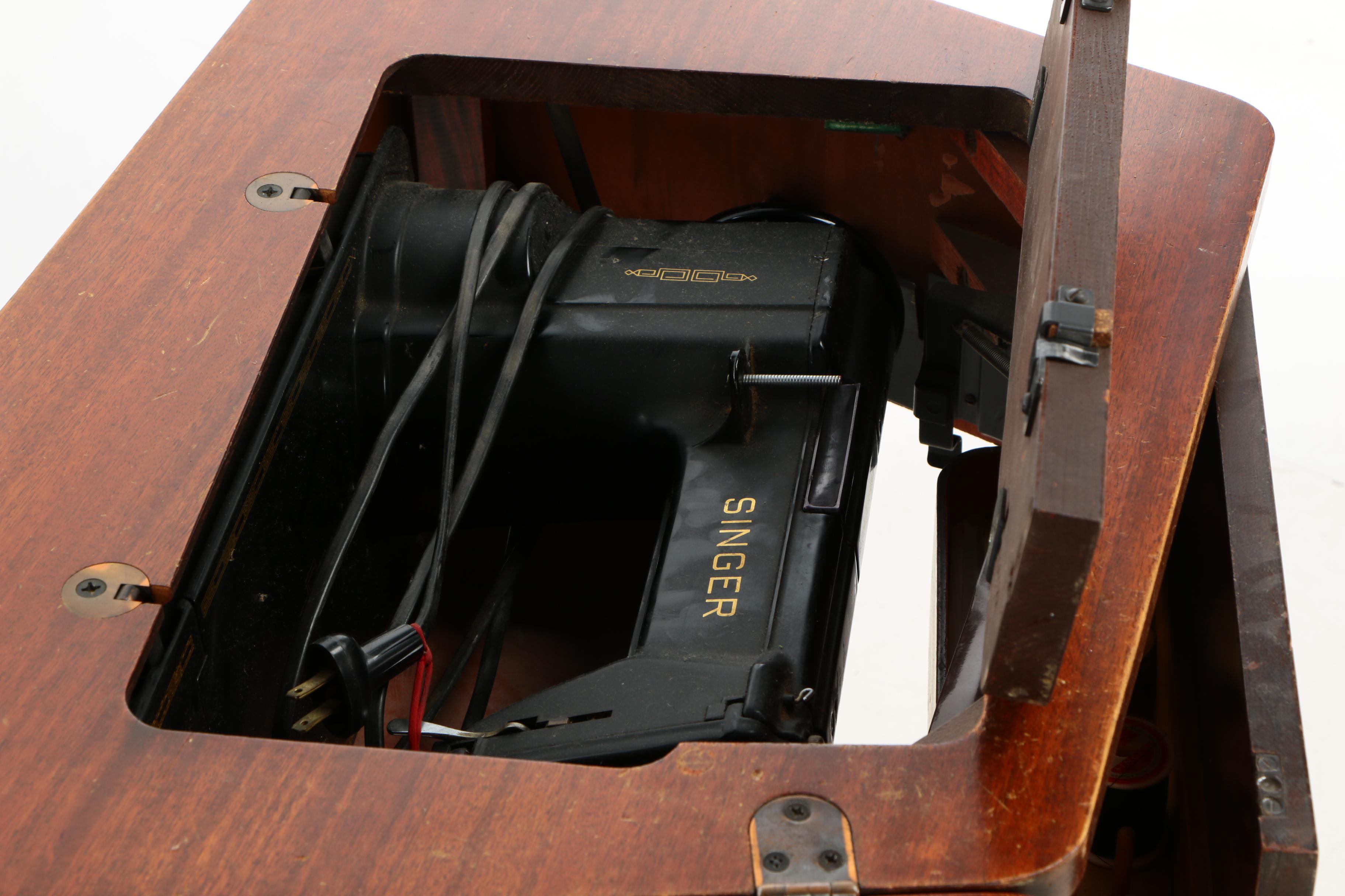 Mid Century Modern Singer Model 301 Sewing Machine Table and Stool, 1950s