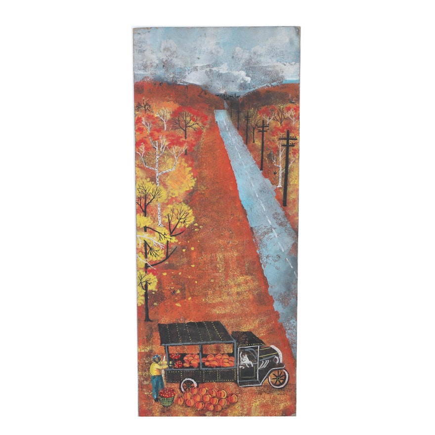 Acrylic Folk Style Painting of Autumnal Landscape