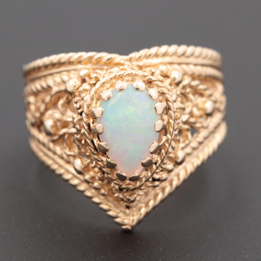 14K Yellow Gold Opal Openwork Ring with Rope Motif Edges