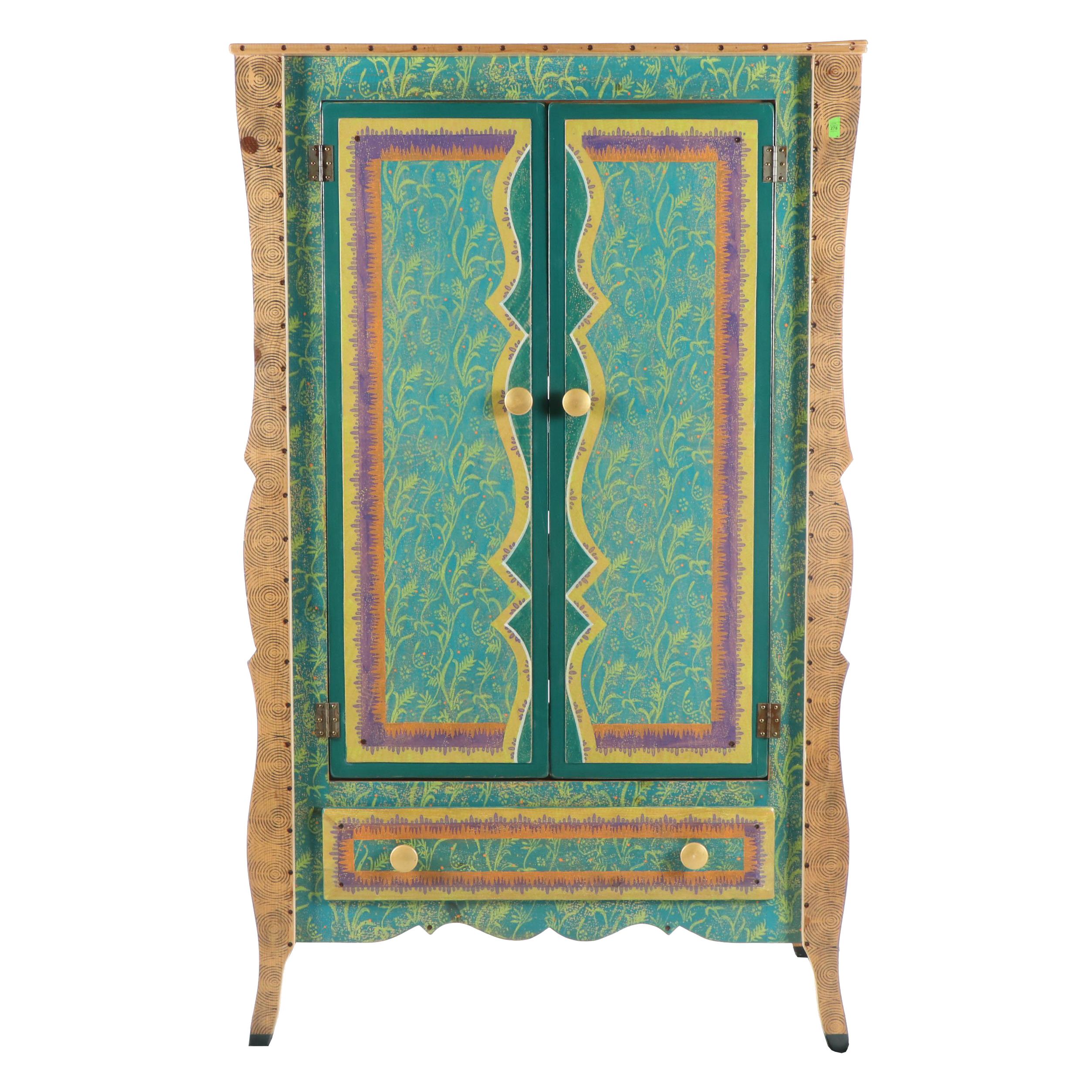 Hand-Painted Wood Armoire by Shoestring Creations, 21st Century