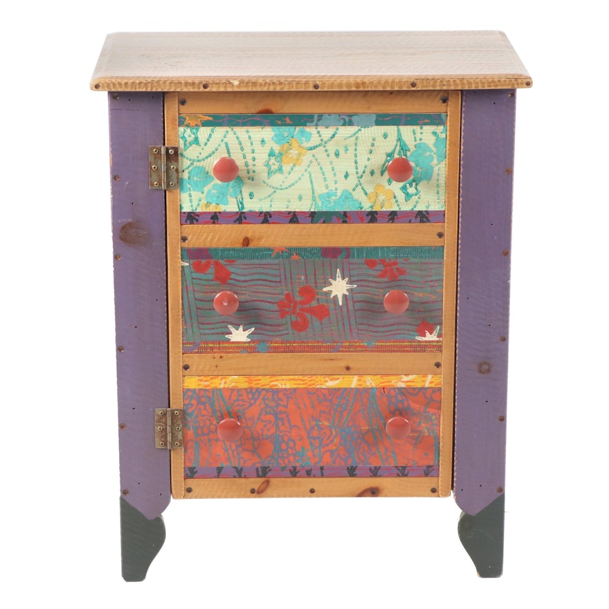 Hand-Painted Wood Nightstand Cabinet by Shoestring Creations, 21st C.