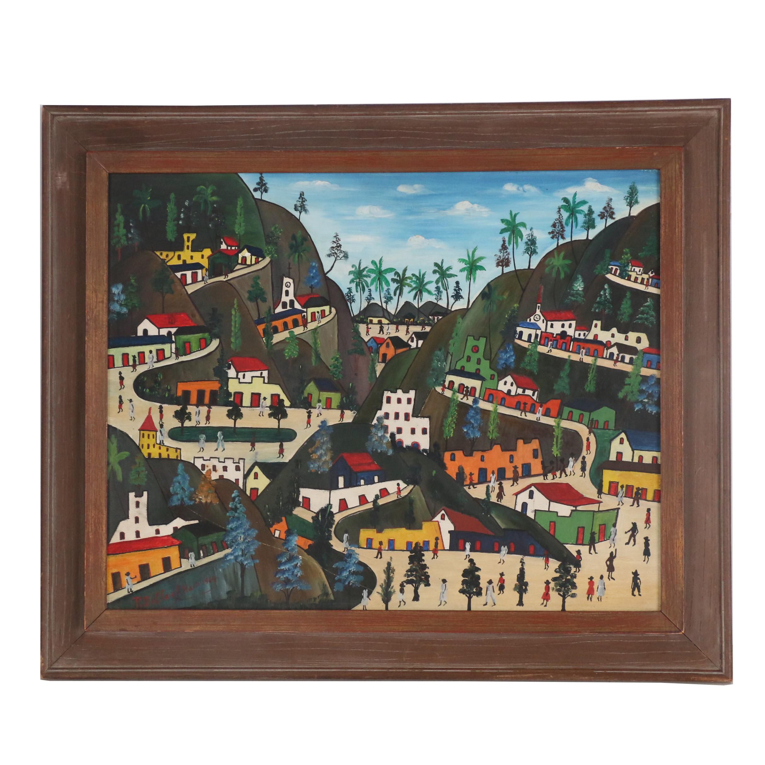 Préfète Duffaut Oil Painting of Haitian Village, 1965