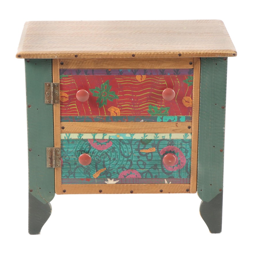 Hand-Painted Wood Nightstand by Shoestring Creations, 21st Century