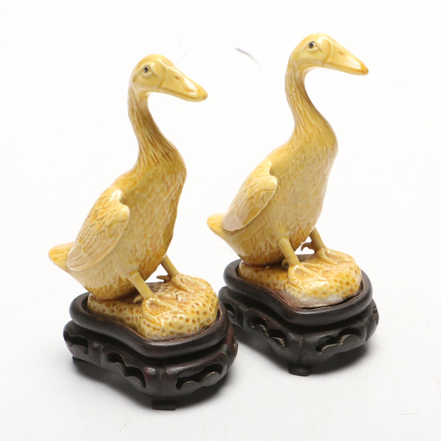 Chinese Ceramic Geese Figurines with Stands