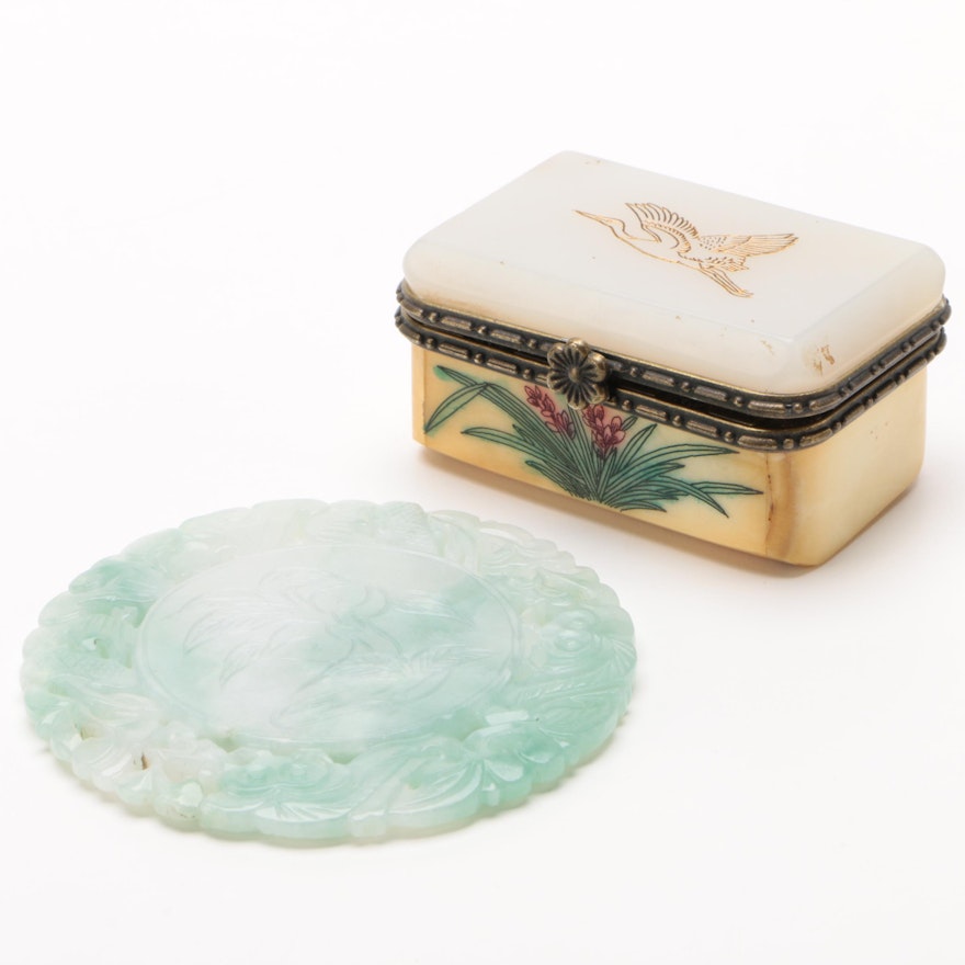 Chinese Carved Jadeite Medallion with Bone and Glass Box