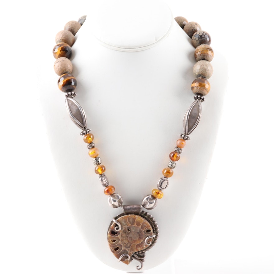 Sterling Silver Ammonite Nautilus Pendant on Tiger's Eye Bead Necklace