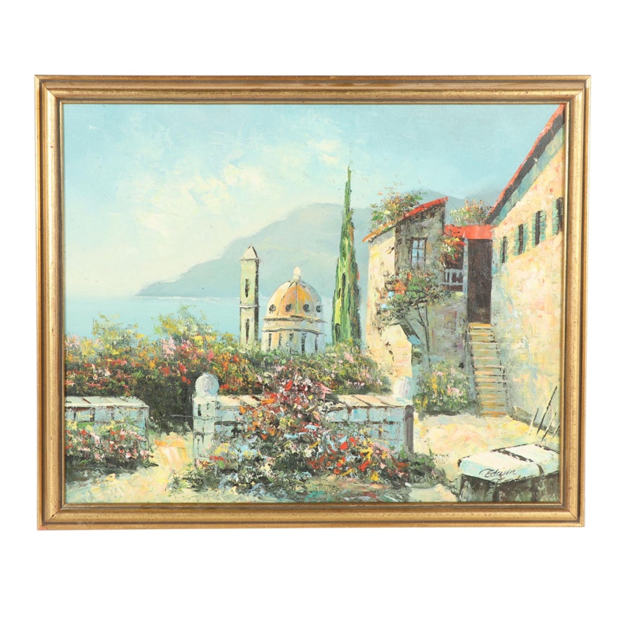 Mid Century Mediterranean Scene Oil Painting